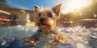 feliz yorkshire terrier natação dentro jacuzzi - ai generativo foto