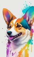 ai gerar foto olpntng estilo, colorida arco Iris realista corgi cachorro cabeça, animal mascote, camiseta projeto, limpar \ limpo projeto, épico Instagram,