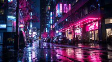 cyber punk noite cidade panorama conceito. luz brilhando em Sombrio cena. noite vida.além geração e futurista do ficção científica capital cidade e construção cena. ai gerado foto