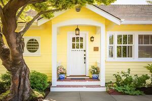 ai generativo. uma frente Entrada do uma casa com uma amarelo porta foto