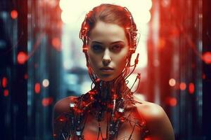 ilustração do uma cyborg mulher e ai tecnologia fundo , ai gerado foto