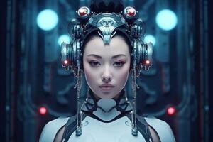 ilustração do uma cyborg mulher e ai tecnologia fundo , ai gerado foto