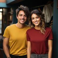 ilustração do uma casal moda retrato com avião camiseta brincar, ai gerado foto