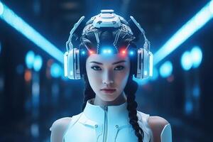 ilustração do uma cyborg mulher e ai tecnologia fundo , ai gerado foto