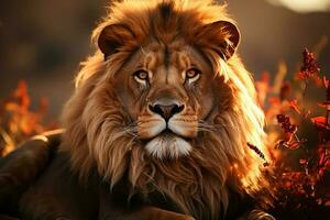 a rei do a selva - uma poderoso leão dentro Está natural habitat, ai generativo foto