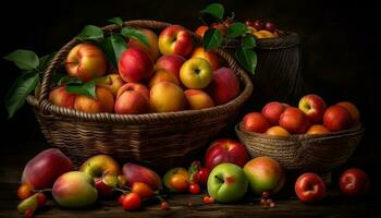 frescor do natureza colheita, uma cesta cheio do saudável orgânico fruta gerado de ai foto
