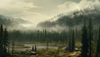 tranquilo cena nebuloso montanha faixa, pinho árvores, refletindo dentro água gerado de ai foto