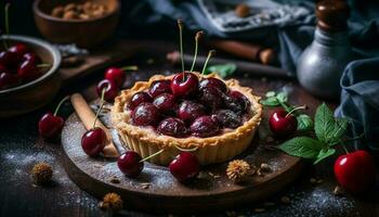 fresco caseiro baga torta em uma rústico madeira mesa, doce indulgência gerado de ai foto