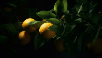 frescor do citrino fruta, verde folhas, maduro e suculento, saudável comendo gerado de ai foto