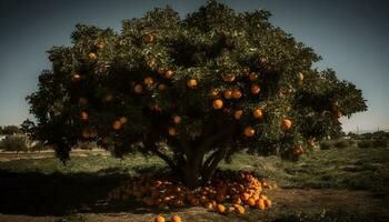 maduro laranja fruta em filial, outono pôr do sol dentro rural Pomar gerado de ai foto