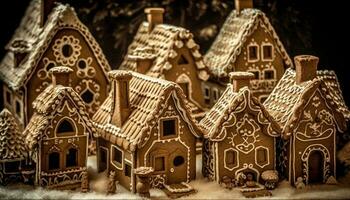 caseiro Pão de gengibre casa, inverno decoração, floco de neve glacê, doce Pão de gengibre bolacha gerado de ai foto