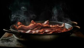 defumado carne de porco, grelhado carne bovina, fundida ferro prato gerado de ai foto