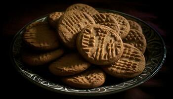 uma prato do caseiro chocolate lasca biscoitos, uma doce indulgência gerado de ai foto