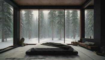 acolhedor inverno quarto com neve lado de fora janela gerado de ai foto
