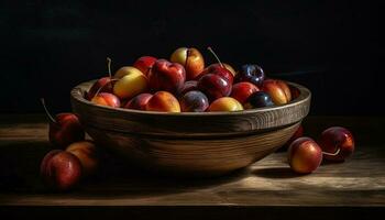 orgânico fruta tigela em rústico de madeira mesa gerado de ai foto