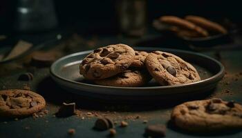 indulgente caseiro chocolate lasca biscoitos em rústico mesa gerado de ai foto