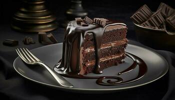 indulgente chocolate bolo fatia em de madeira prato gerado de ai foto