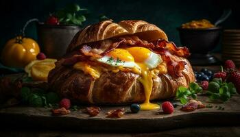 grelhado carne de porco sanduíche em rústico pão prato gerado de ai foto