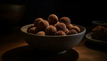 Sombrio chocolate trufas, coco bolas, gourmet indulgência gerado de ai foto