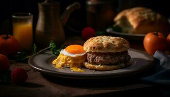 frescor em uma prato grelhado carne, caseiro hambúrguer, rústico pão gerado de ai foto