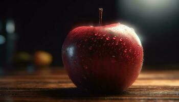 frescor do natureza recompensa suculento, maduro maçã em uma de madeira mesa gerado de ai foto