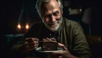 sorridente Senior homem se entrega dentro gourmet sobremesa gerado de ai foto