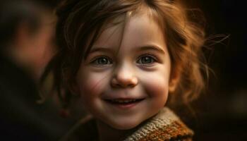 fofa caucasiano menina sorridente, desfrutando brincalhão natureza gerado de ai foto