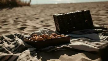fresco fruta cesta traz beira-mar relaxamento e frescor gerado de ai foto