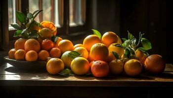 suculento citrino frutas em rústico de madeira mesa gerado de ai foto