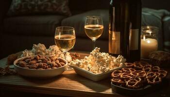 indulgente vinho e gourmet lanches em rústico mesa gerado de ai foto