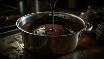 Derretendo Sombrio chocolate, derramando sobre doce sobremesa gerado de ai foto