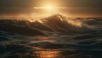 nascer do sol surfistas passeio ondas dentro tropical clima gerado de ai foto