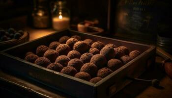 indulgente caseiro chocolate Brigadeiro bolas em rústico mesa gerado de ai foto