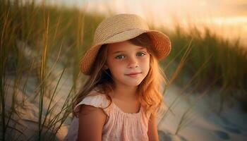 fofa caucasiano menina sorridente, desfrutando verão período de férias Diversão gerado de ai foto