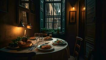 luxo refeição em rústico jantar mesa dentro de casa gerado de ai foto