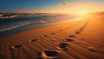 Sol beijou areia dunas, tranquilo ondas às crepúsculo gerado de ai foto