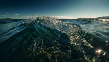 Sol beijou surfistas passeio ondulado ondas embaixo da agua gerado de ai foto
