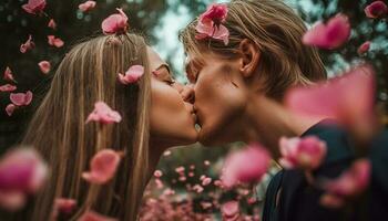 dois fofa meninas desfrutando verão jogando com flores gerado de ai foto