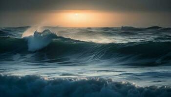 Sol reflexão em falhando ondas às crepúsculo gerado de ai foto