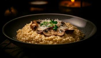 saudável risoto refeição com comestível cogumelos e salsinha gerado de ai foto