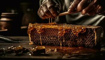 ocupado apicultor segurando fresco favo de mel em mesa gerado de ai foto