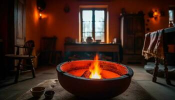 brilhando lenha queimando dentro velho formado cerâmica forno gerado de ai foto