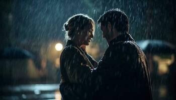 sorridente casal abraços dentro chuva, desfrutando amor gerado de ai foto