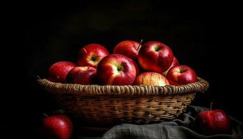 orgânico maçã colheita dentro vime cesta, refrescante lanche gerado de ai foto