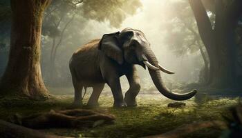 elefante caminhando através névoa dentro tropical floresta gerado de ai foto