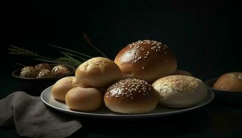 uma rústico prato do caseiro pão e saudável lanches gerado de ai foto