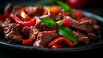 grelhado lombo bife, fresco vegetal salada, gourmet refeição gerado de ai foto