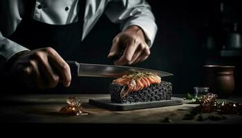 a gourmet chefe de cozinha mão fatias fresco sashimi gerado de ai foto