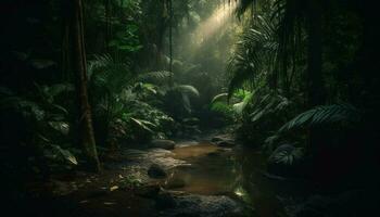 tranquilo cena dentro tropical floresta tropical, mistério rodeia gerado de ai foto