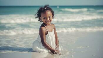 despreocupado meninas jogando dentro a verão ondas, sorridente gerado de ai foto